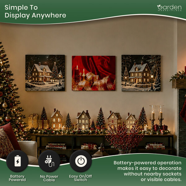 Christmas Ribbon & Candles LED Canvas Picture Print, Wooden Frame Wall Art with Switch, 40cm x 30cm, Battery Powered
