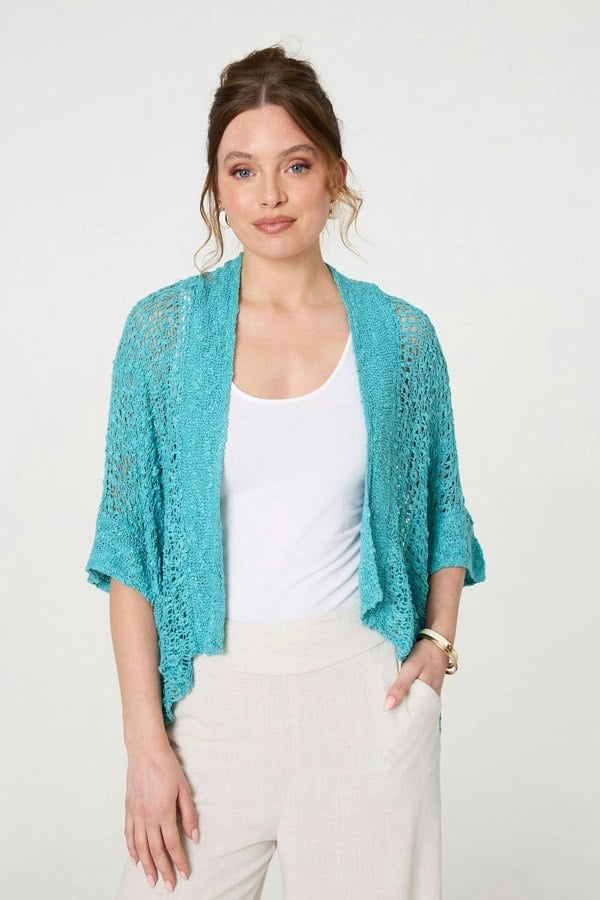 Turquoise | Crochet Knit Texture Waterfall Cardigan
