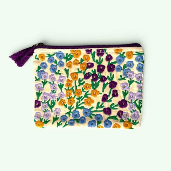 Hayley & Co Embroidered Velvet Mini Pouch | Ditsy Garden Floral in Cream and Purples