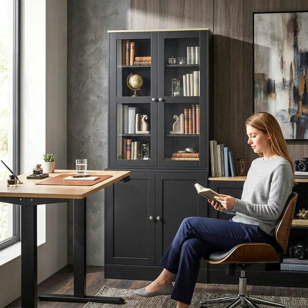 Modern Bookcase Display Storage Unit with Glass Doors Adjustable Shelves, Black