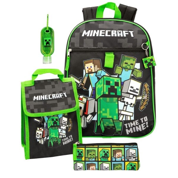 Minecraft Childrens/Kids Time To Mine Backpack Set - Black/Green