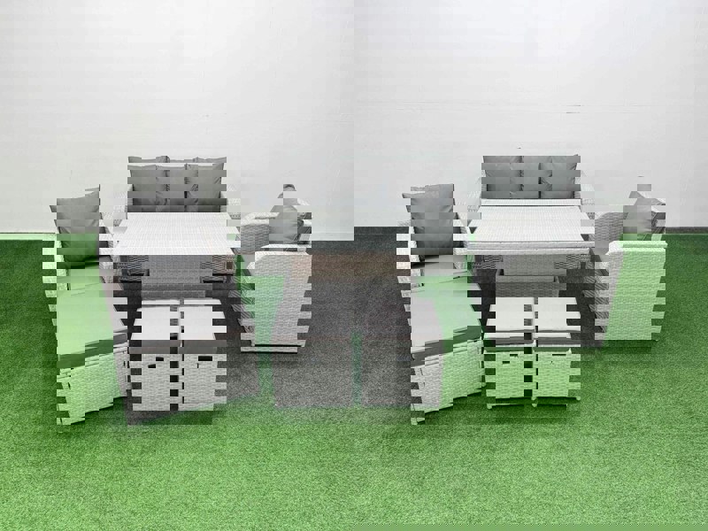 Fimous PE Rattan Garden Furniture Set Reclining Chair Sofa Lounge Sofa Set Adjustable Lifting Dining or Coffee Table 3 Stools Light Grey