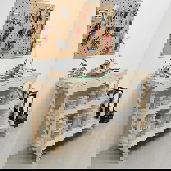 Arbor Garden Solutions Acorn Wooden Workbench With Double Shelf and Wheels