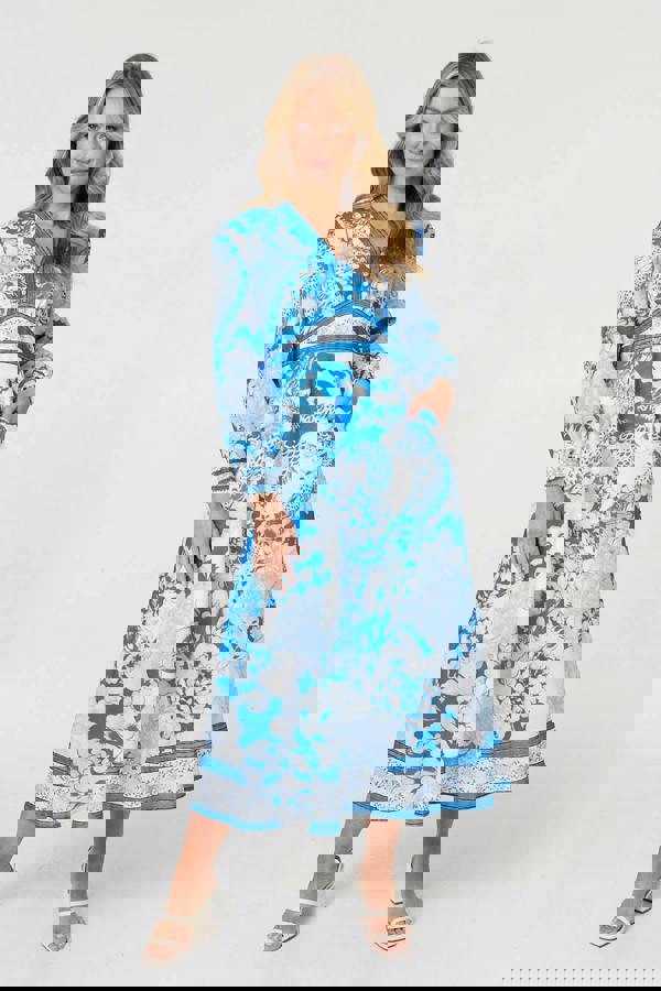 Blue | Floral Long Sleeve A-Line Maxi Dress