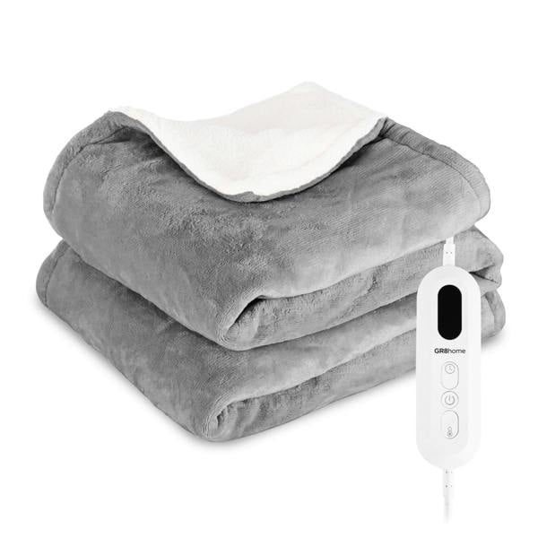 Gr8 Home Electric Heated Blanket Grey 160x130cm Adjustable Heat Settings Washable Throw