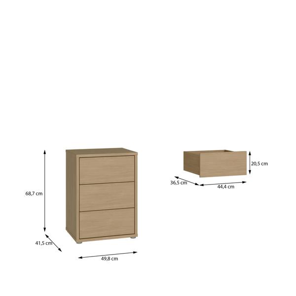 Furniture To Go Alice Springs Bedside Cabinet with 3 Drawers Push-to-Open in Elegancia Oak