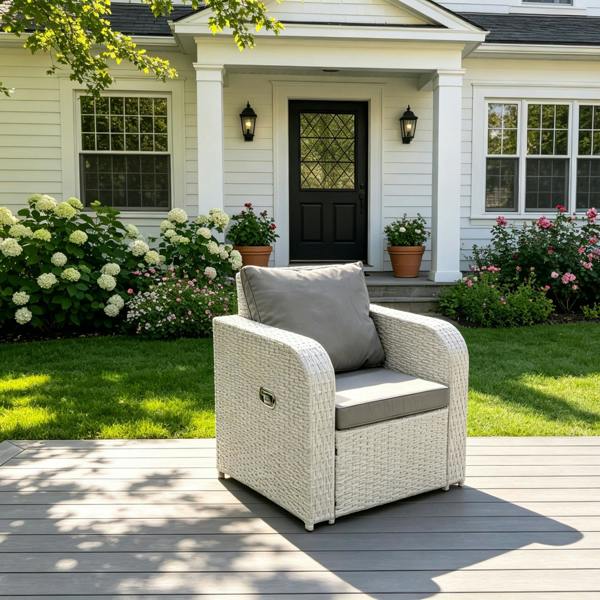 Fimous Outdoor Rattan Reclining Chair Light Grey Mixed Adjustable Patio Armchair with Thick Removable Cushion