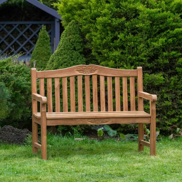 The Garden Marketplace Solid Teak 2 Seater Garden Bench with Flower & Leaf Carvings