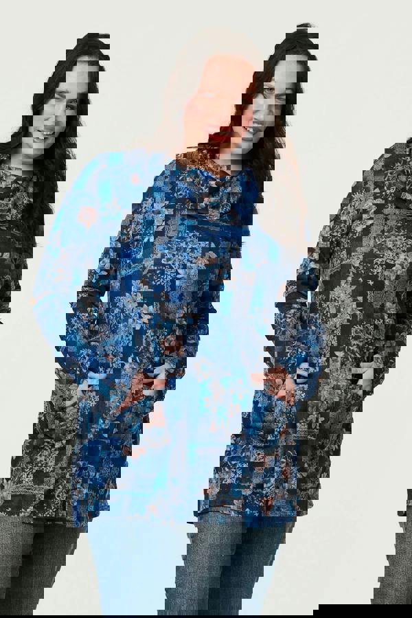 Blue | Curve Printed Cowl Neck Long Sleeve Tunic Top