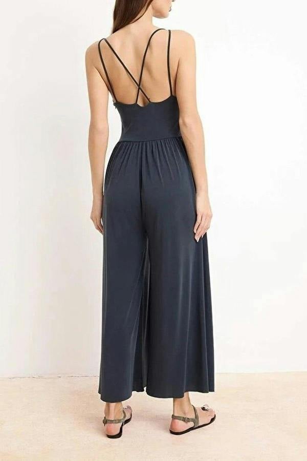 WOVCOR V-Neck Sleeveless Ruched Long Knitted Jumpsuit