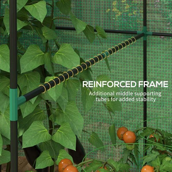 Green mesh greenhouse with black reinforced frame bars and plants growing inside