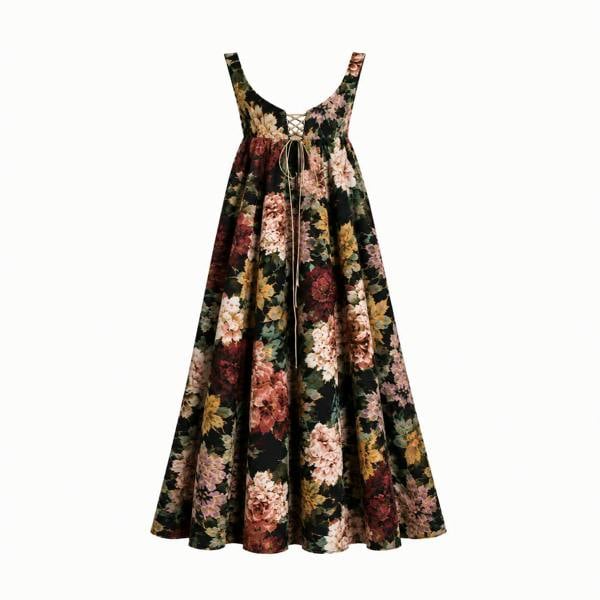 The Golshifteh Floral Corset Midi Dress by Sarvin features a sleeveless, floor-length silhouette with a scoop neckline, lace-up front waist, full skirt, and pink, red, yellow, and green floral print for a romantic look.