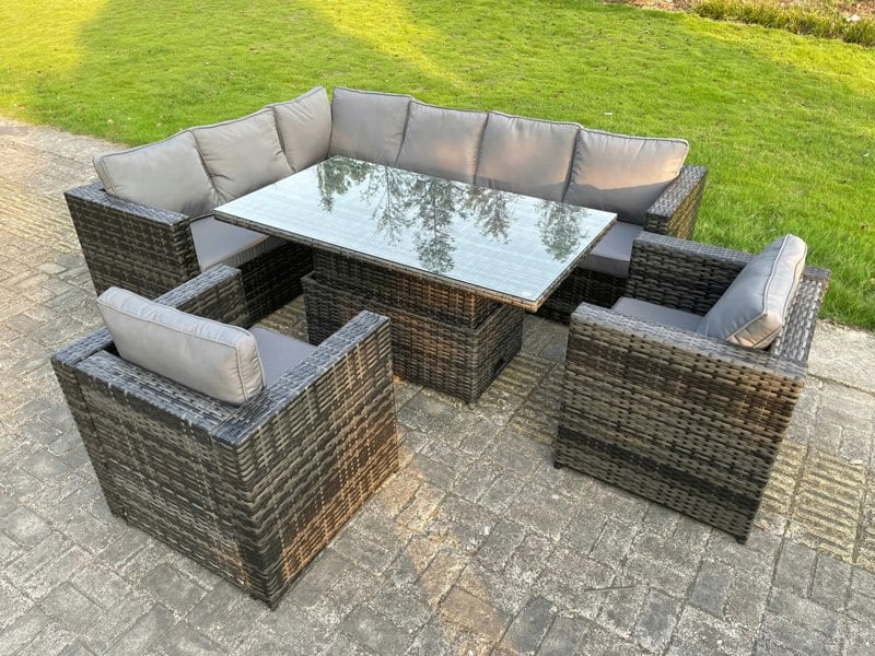 Fimous Dark Mixed Grey Outdoor Rattan Garden Furniture Sofa Set Rising Adjustable Dining Or Coffee Table 2 Chairs Patio Furniture Left Corner