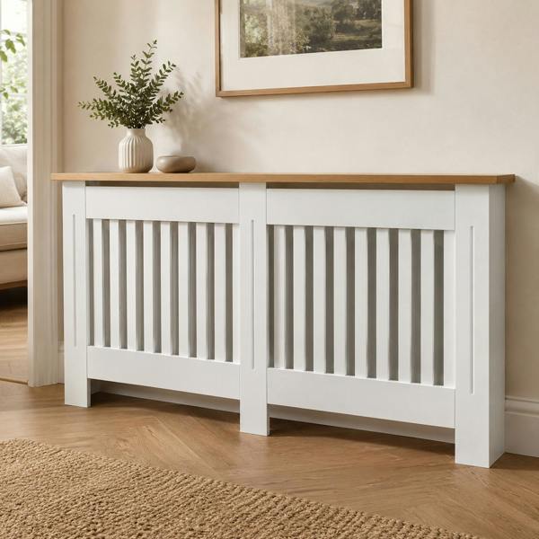 Gr8 Home Large White Wooden Radiator Cover MDF Slatted Grill Cabinet Display Shelf 152cm