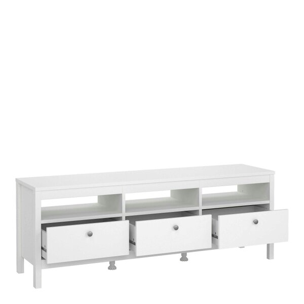 Wyld Haus Gossmere White Wooden TV Unit 3 Drawers Silver Handles