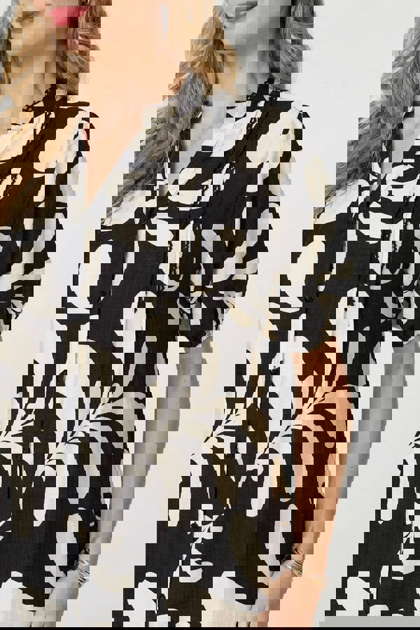 Black | Printed 1/2 Sleeve Tiered Short Dress
