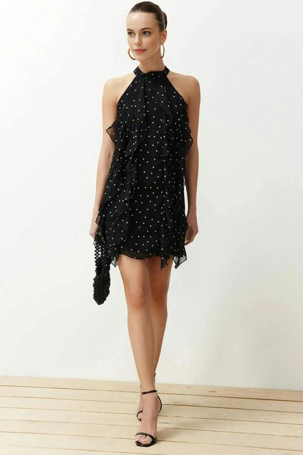 WOVCOR Polka Dot Ruffled Chiffon Lined Mini Woven Dress