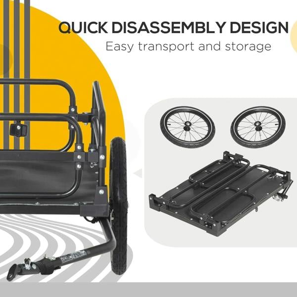Black bicycle trailer with side connectors and fold-flat base for storage