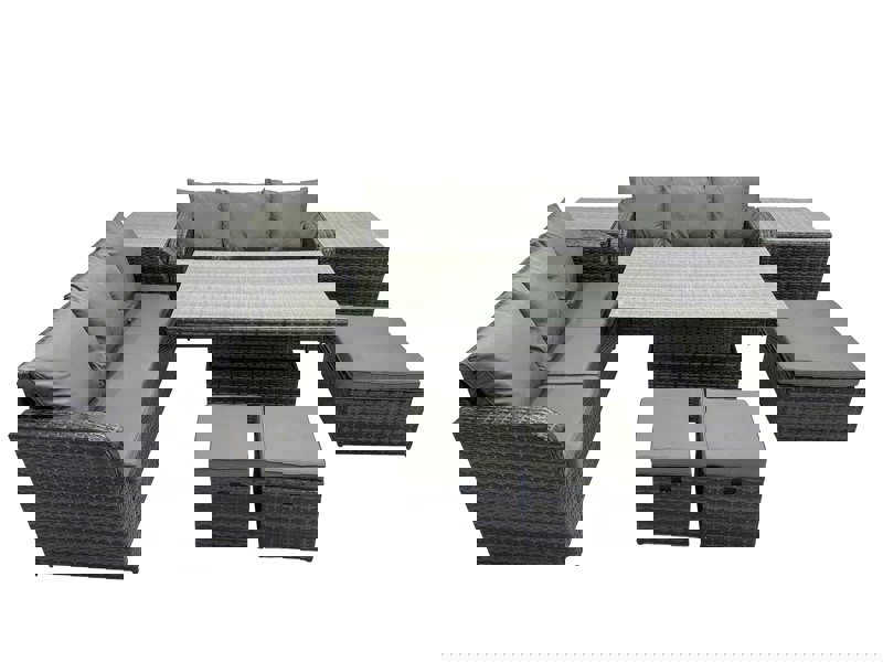 Fimous Rattan Garden Furniture Dining Set 9 seater Height Adjustable Rising Table Sofa Set with 2 Side Table 3 Footstools Dark Grey Mixed