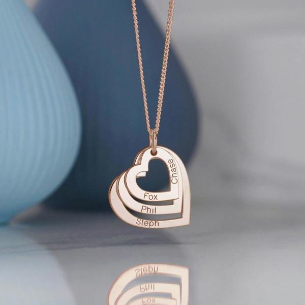 Christopher James of London 9ct Rose Gold Plated Triple Heart Personalised Family Necklace