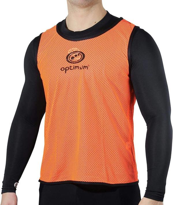 Person wearing an orange Optimum mesh training bib with black logo over black kit, front view - Optimum