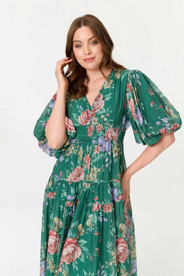 Green | Floral Puff 1/2 Sleeve Tiered Midi Dress
