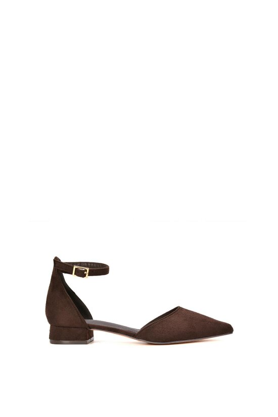XY LONDON Low Heel Flat Pointed Toe Ankle Strap Court Shoes - Brown