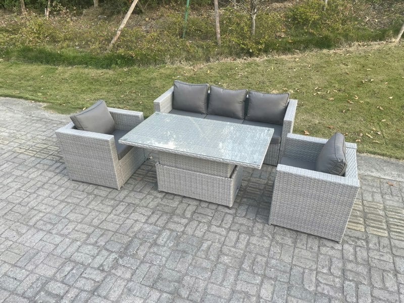 Fimous Rattan Garden Funiture Set Height Adjustable Rising Lifting Table Sofa Dining Set With 2 Arm Chair