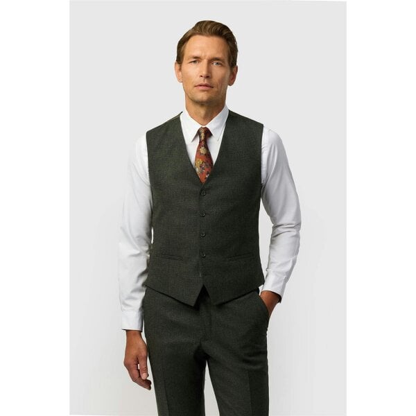 Ted Baker Tailored Fit Olive Texture Puppytooth Waistcoat