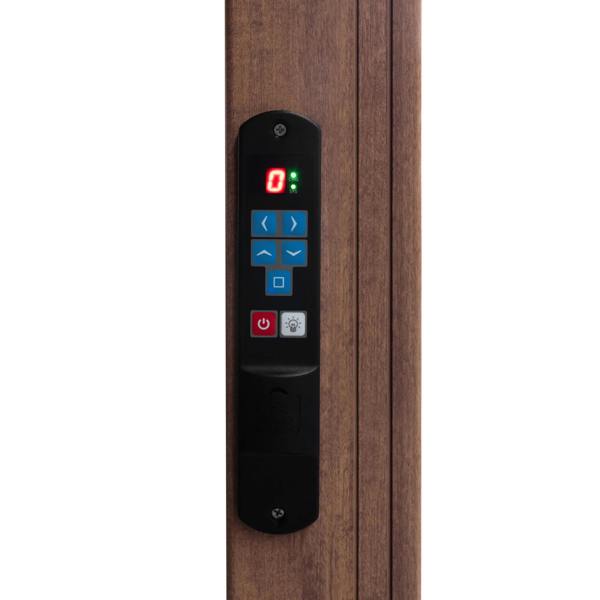 Wood effect aluminium pergola control panel with LED indicators and buttons for adjusting blinds and lights, sleek design