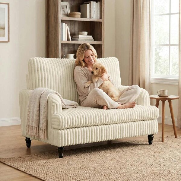 Corduroy Single Sofa Armchair, Modern Accent Chair with Stripes, Turned Legs and Wide Seat, Cream