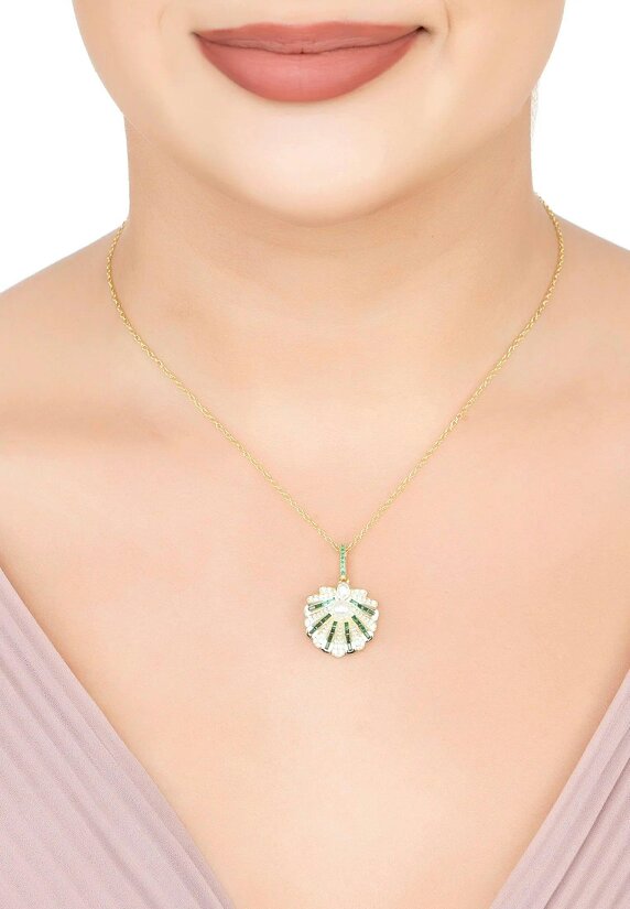 Latelita Art Deco Scallop Shell Pendant Necklace Emerald Green With Pearl Gold