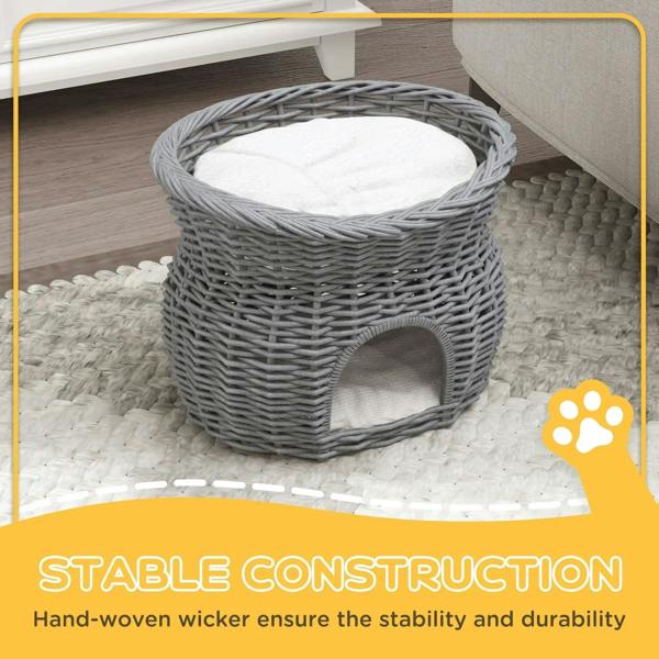 Grey woven wicker cat house basket with removable white cushion and low arched entry