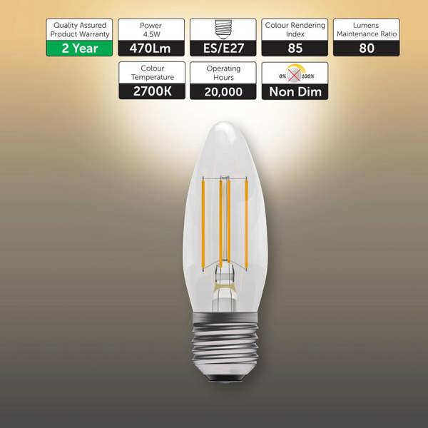 BELL Lighting E27 LED Filament Candle 4.5W Energy Saving Light Bulbs