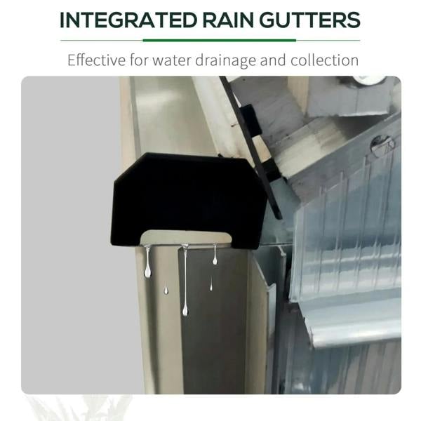 Lean-to greenhouse corner showing integrated rain gutter and drainage spout near clear panels.