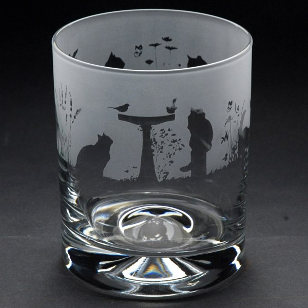 Glyptic Glass Art Cats Whiskey Tumbler Glass - Hand Etched / Engraved Gift