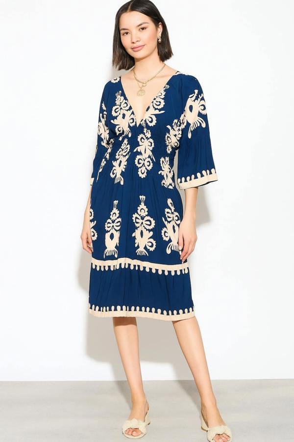 Hoxton Gal Oversized 3/4 Sleeves V Neck Printed Knee Lenght Dress in Navy