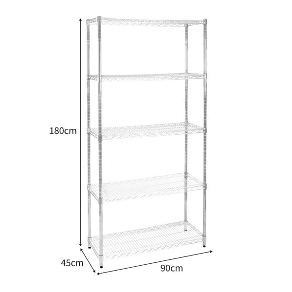 KuKoo Wire Racking in silver, featuring four spacious shelves, measuring 45cm x 90cm x 180cm, ideal for storage and organization