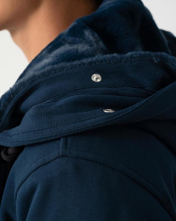 detachable faux fur hood lining of a Moose Knuckles Classic Bunny 3 Mens Fleece Hoodie in Nightfall 2017 