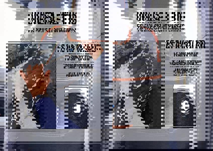 The Rear Single Seat Storage Organiser infographic depicting that the organiser has a universal that fits a variety of vehicles.