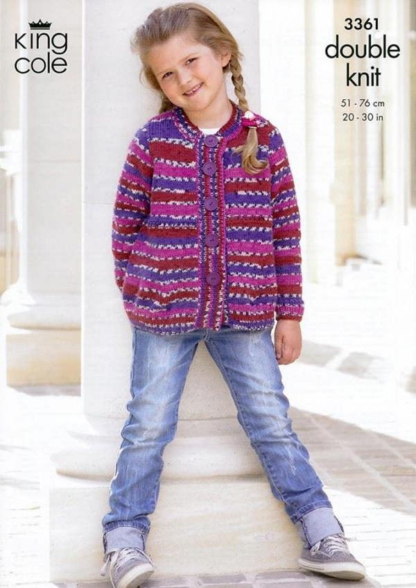 King Cole Merino Knitting Pattern 3361, Cardigans for Kids, 20 - 30 Inches - Easy