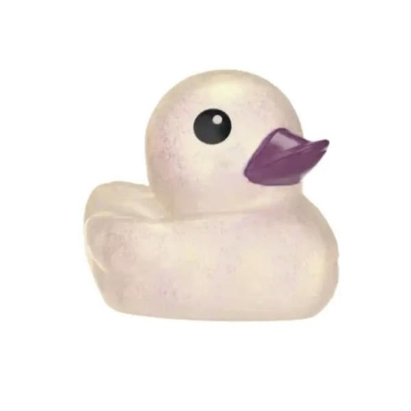 White SwimExpert large glitter duckie with purple beak and eye