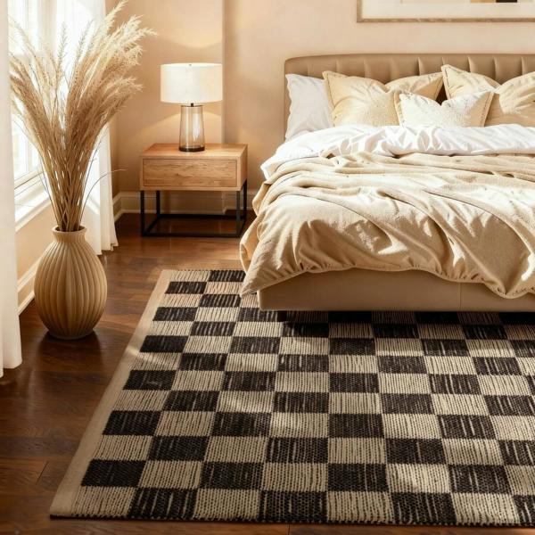 Handloom Jute Rug Natural White Black, Reversible, Long-lasting, checkerboard design.