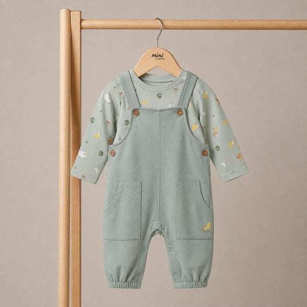Mini Cuddles Farm Animal-Print Dungarees (Sage Green)
