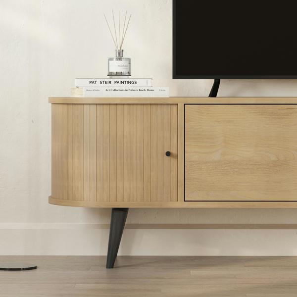 Decortie Modern Gentle TV Stand Oak with 2 Doors Storage Cabinet and 2 Sliding Doors for Storage Organizer 180(W)x40(D)x52(H)cm