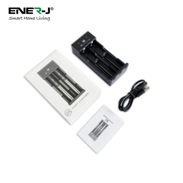 ENER-J USB Dual Battery Fast Charger for Rechargeable 18650 18650 18490 17500 16340 (Li-ion/IMR/INR/ICR) Batteries, 2-Slot Adjustable Charger