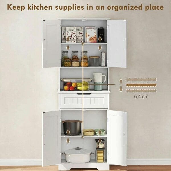 172 cm Tall Kitchen Pantry Cupboard w/ Small Open Counter, Freestanding Kitchen Cabinet w/ 2 Adjustable Shelves, White
