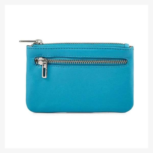 Real leather zip top coin purse for women in turquoise
