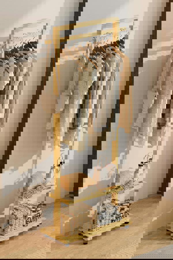 Living and Home Bamboo Rolling Clothes Garment Rack with 2-tier Shelves & Wheels - Natural