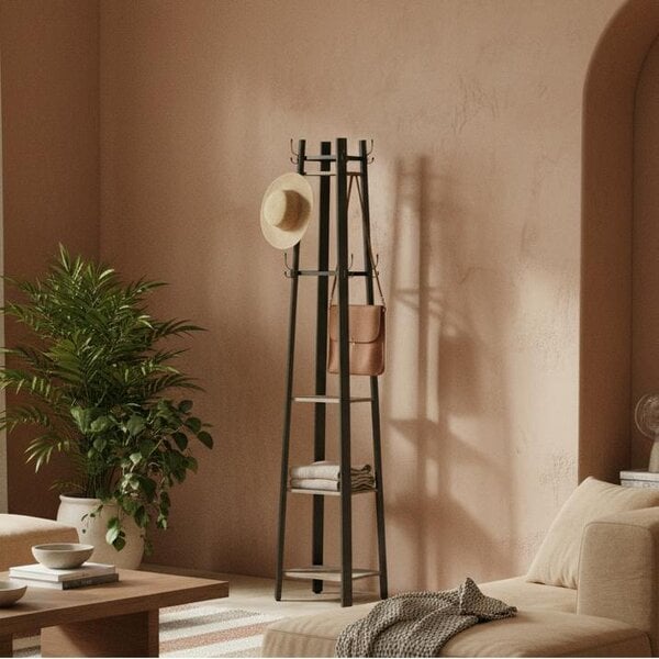 Wyld Haus Savapa Metal And Wood Grey And Black 4 Tier Industrial Coat Stand With Shelves